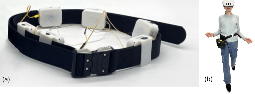 Battery-operated haptic belt connected wirelessly to a Meta Quest 3 headset