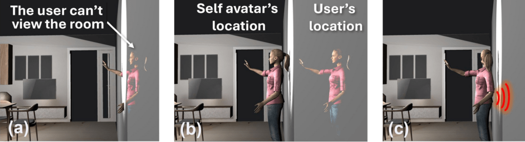 Haptic belt warning a VR user before they walk backward into a wall