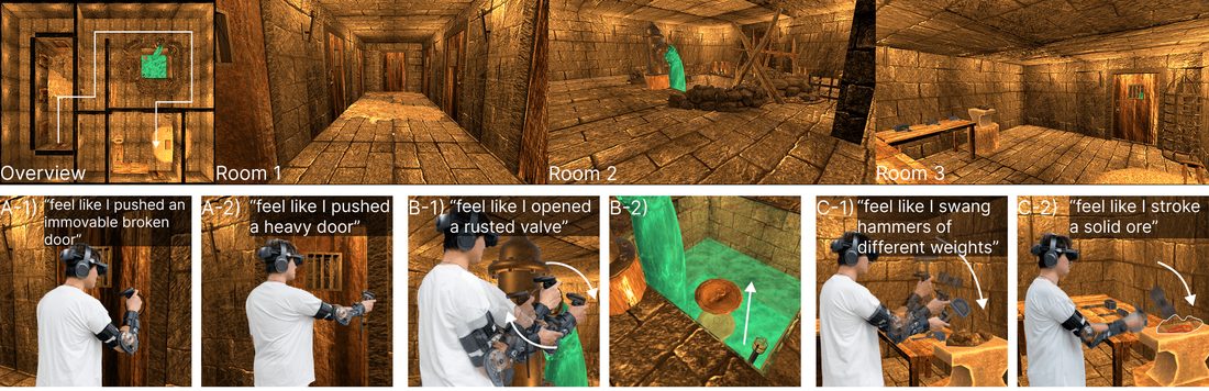 Three dungeon rooms demonstrating locked and opening doors, a water valve and hammers of different weights