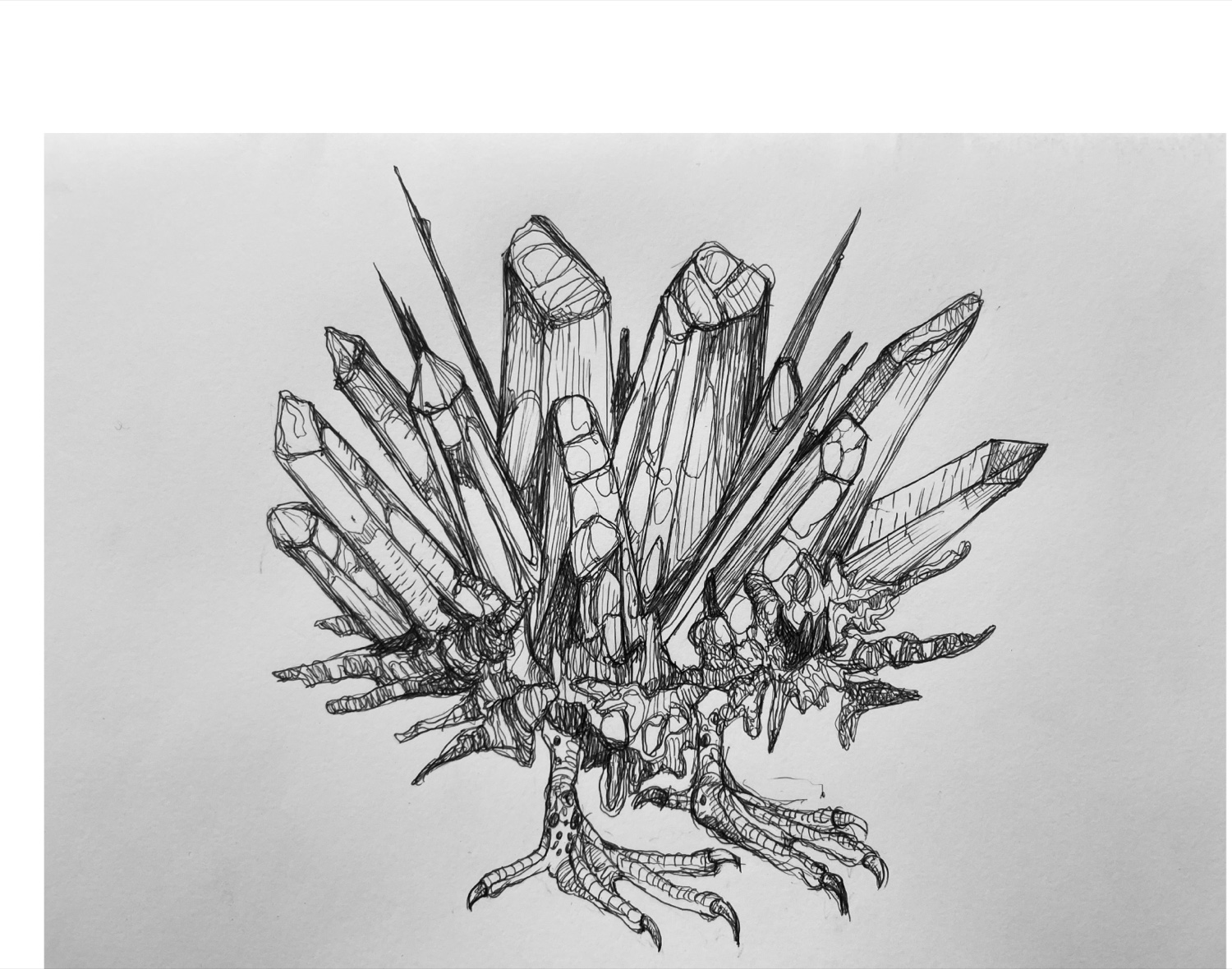 Black ink drawing of the OUROBOROS crystal sculpture, which combines mineral forms with the feet and tail of a mythological creature